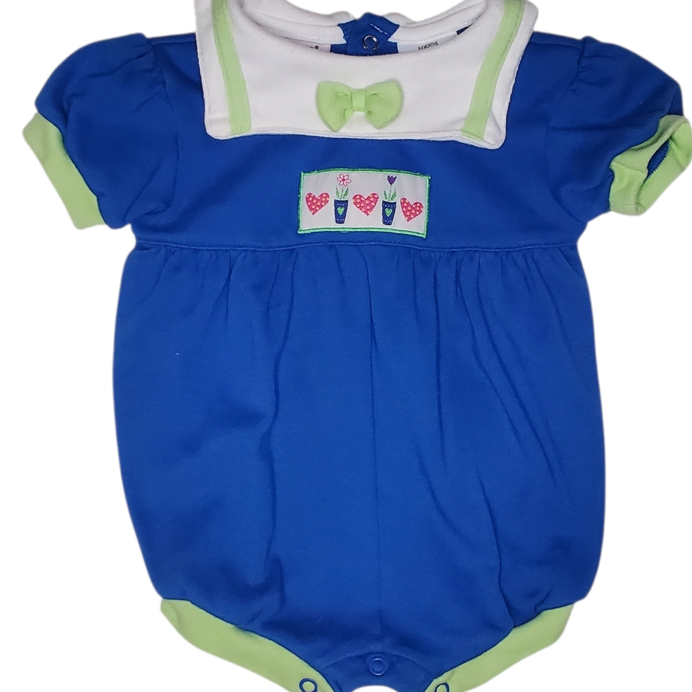 Vintage Small Steps Romper Blue Green Embroidered Peter Pan Collar Girls 0-3M